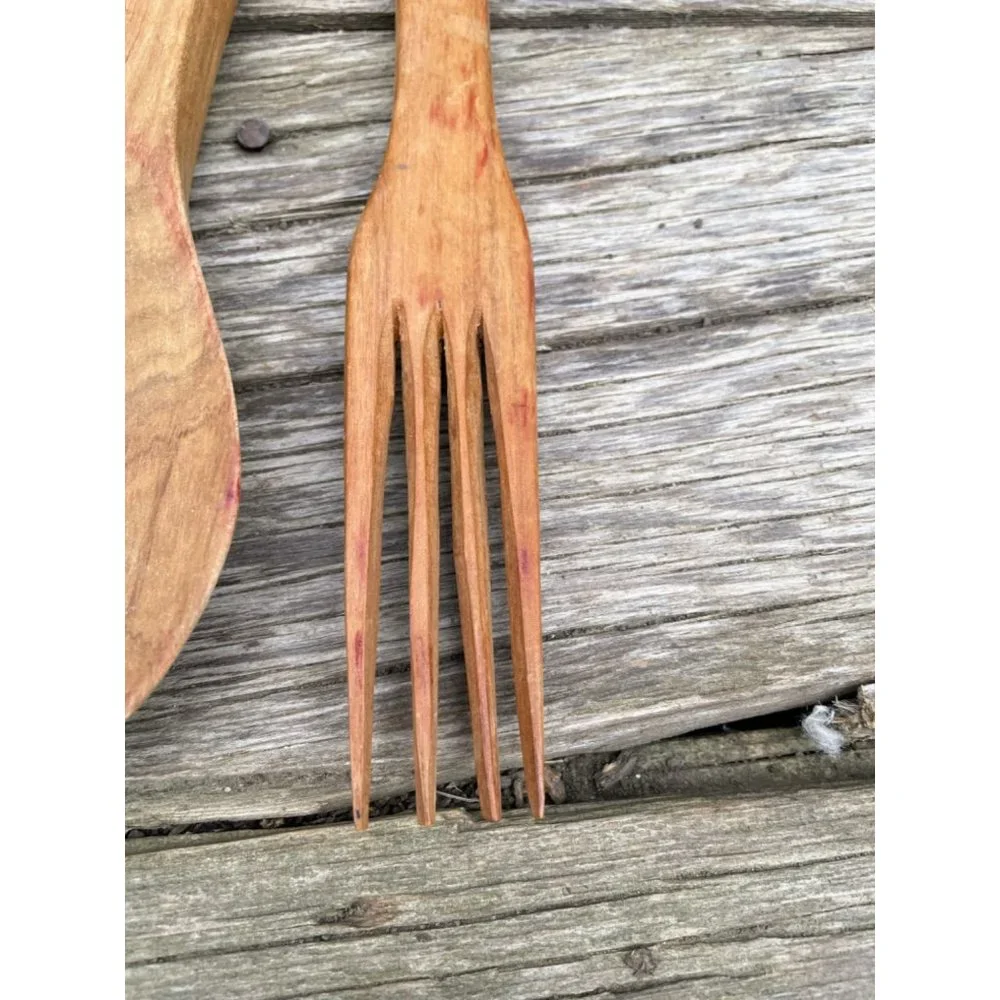 Vintage MCM Carved Wood African Salad Fork Spoon Head Bust handles